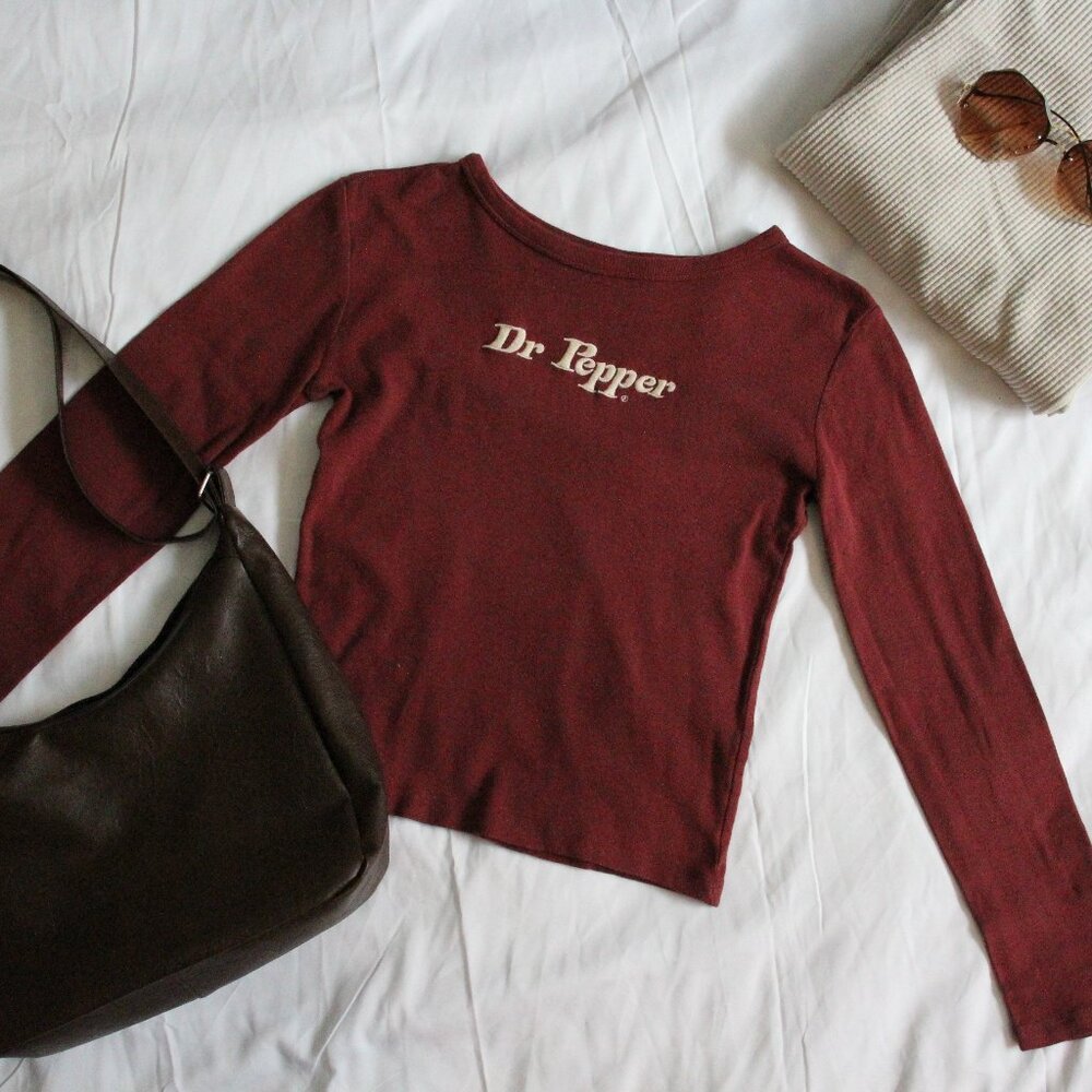 Dr Pepper Cherry Red Cream Long Sleeve Top Preppy Minimalist Y2K Size S